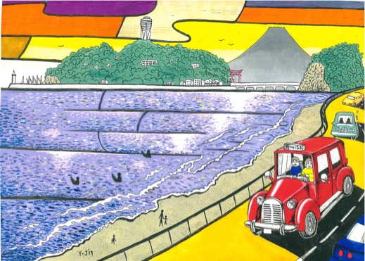 "Driving on the Shonan coast at dusk nightfall sundown"