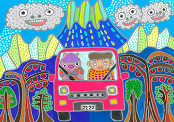 「ブタちゃんが山とりんご道を走る」