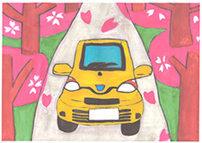 桜並木を走る車