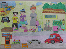 車に乗って買物に行く絵