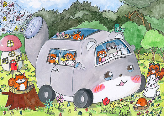 「きれいな空気と音楽と花びらをふりまくモモ君カー」